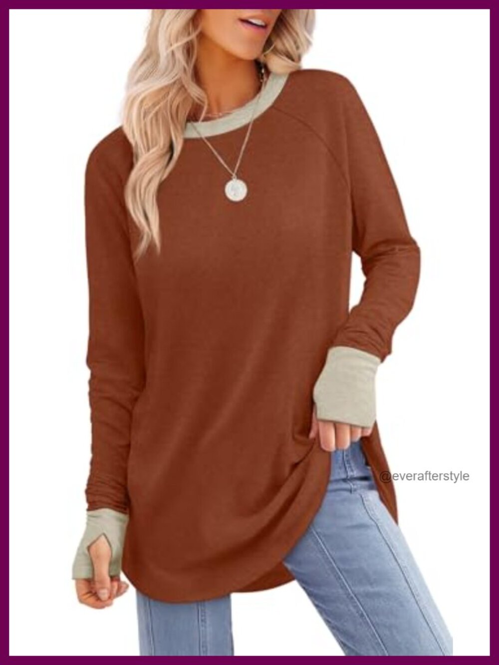 Womens Long Sleeve Tunic Top Thumb Hole Curved Hem Loose Fit